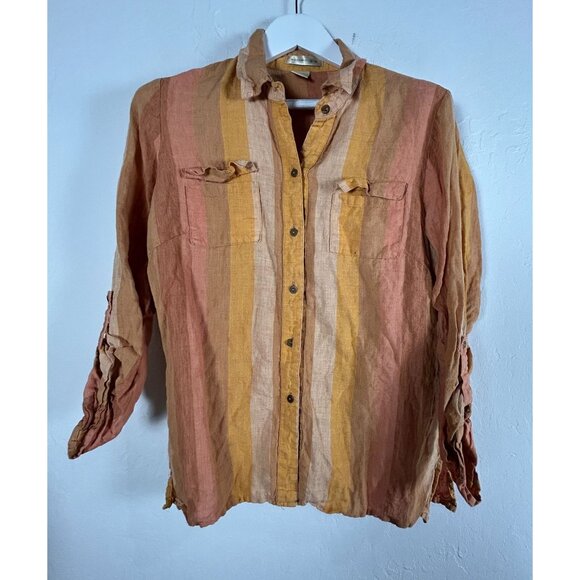 Ecologie e-col-o-gie Womens Striped Button Up Linen Shirt Large Roll-Tab Sleeve - Picture 1 of 7